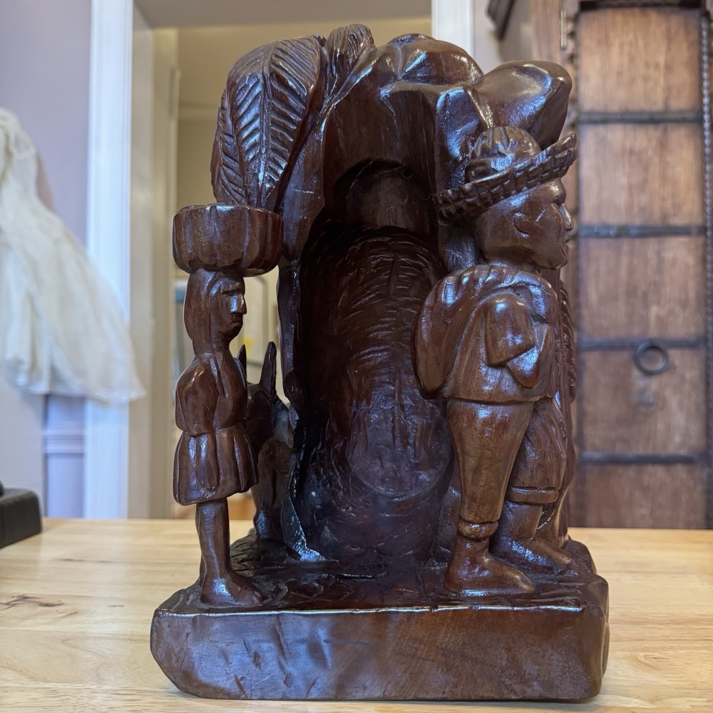 Vintage African Hand Carved Wood Sculpture 13" Village Scene Donkey Palm Tree